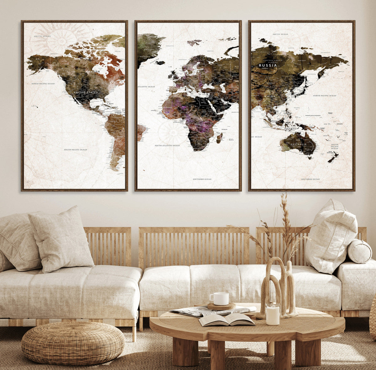 Watercolor World Map Print - Large Wall Art Canvas Print for