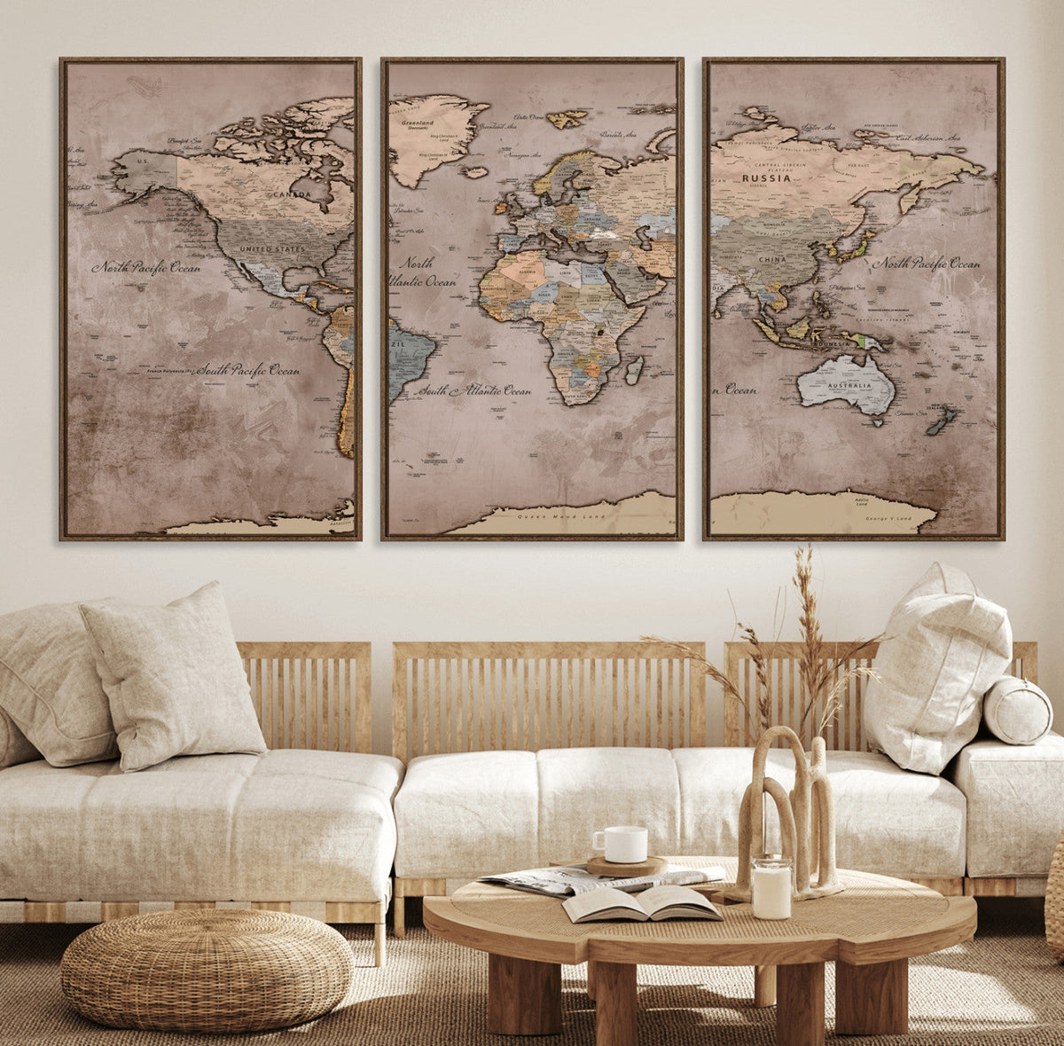 Grunge World Map Canvas Wall Art - Vintage Aged World Map