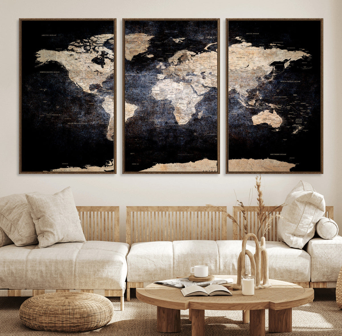 Grunge World Map Wall Art | 3-Panel Large Beige and Brown