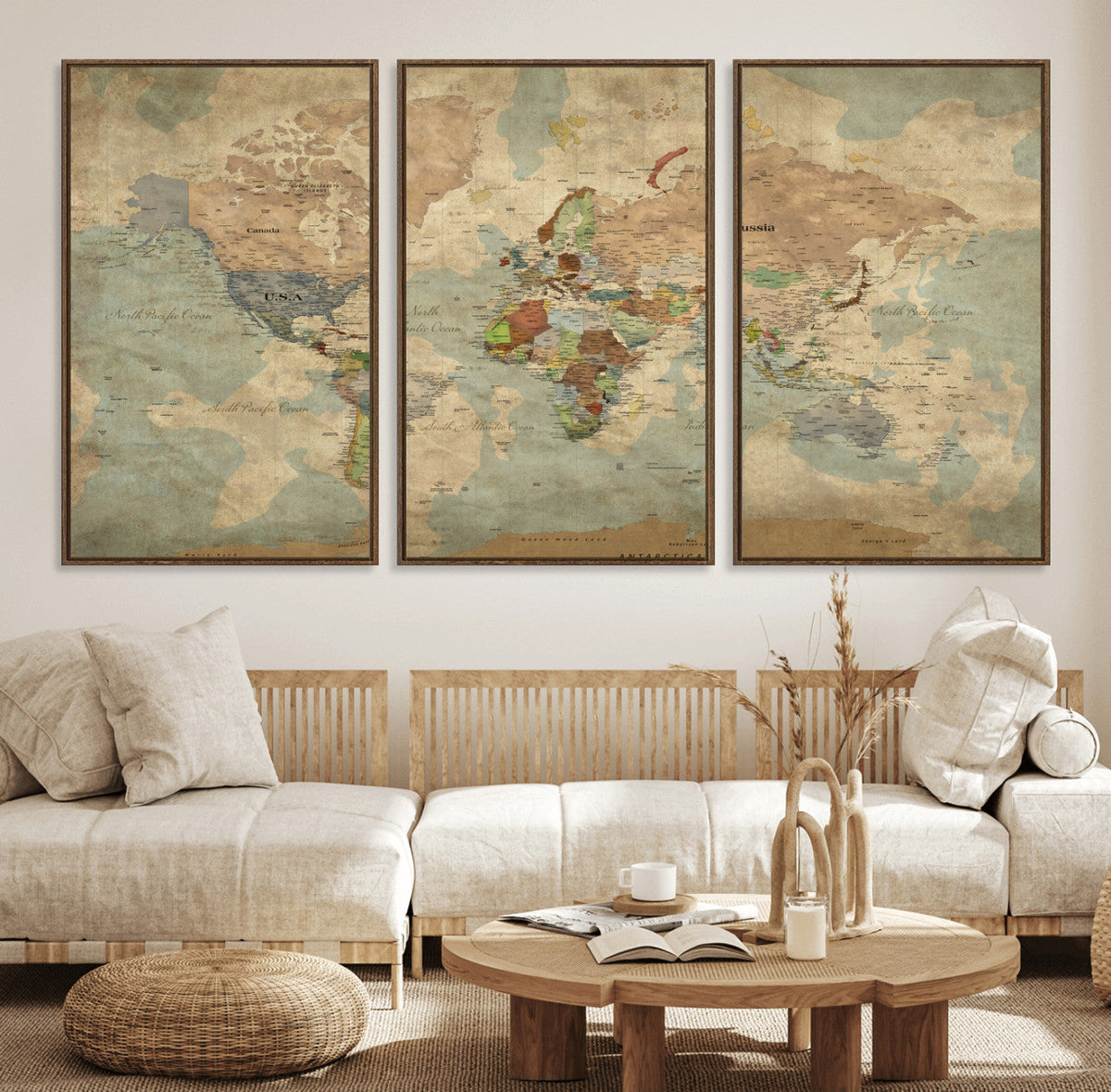 World Map Wall Art Canvas Print, Rustic Map Print, Framed