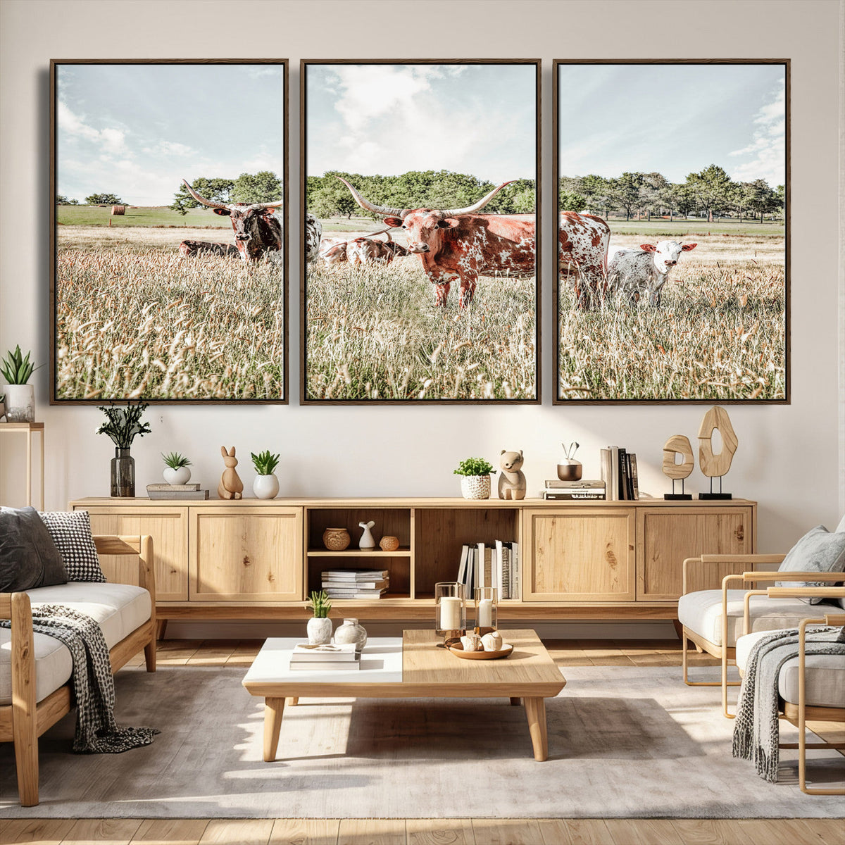 Texas Longhorn Cattle Wall Art Canvas Print, Rustic Ranch