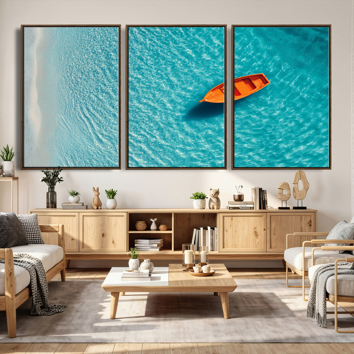 Minimalist Boat Wall Art Canvas Print, Aerial Sea Landscape