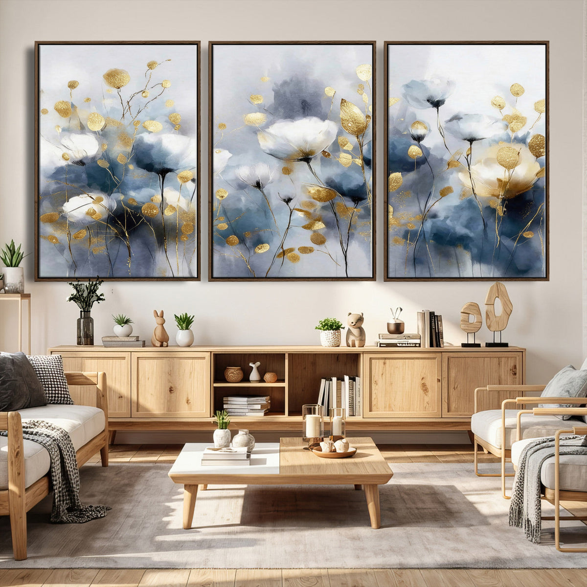 Large Abstract Flowers Wall Art Canvas Print – Gold and Blue