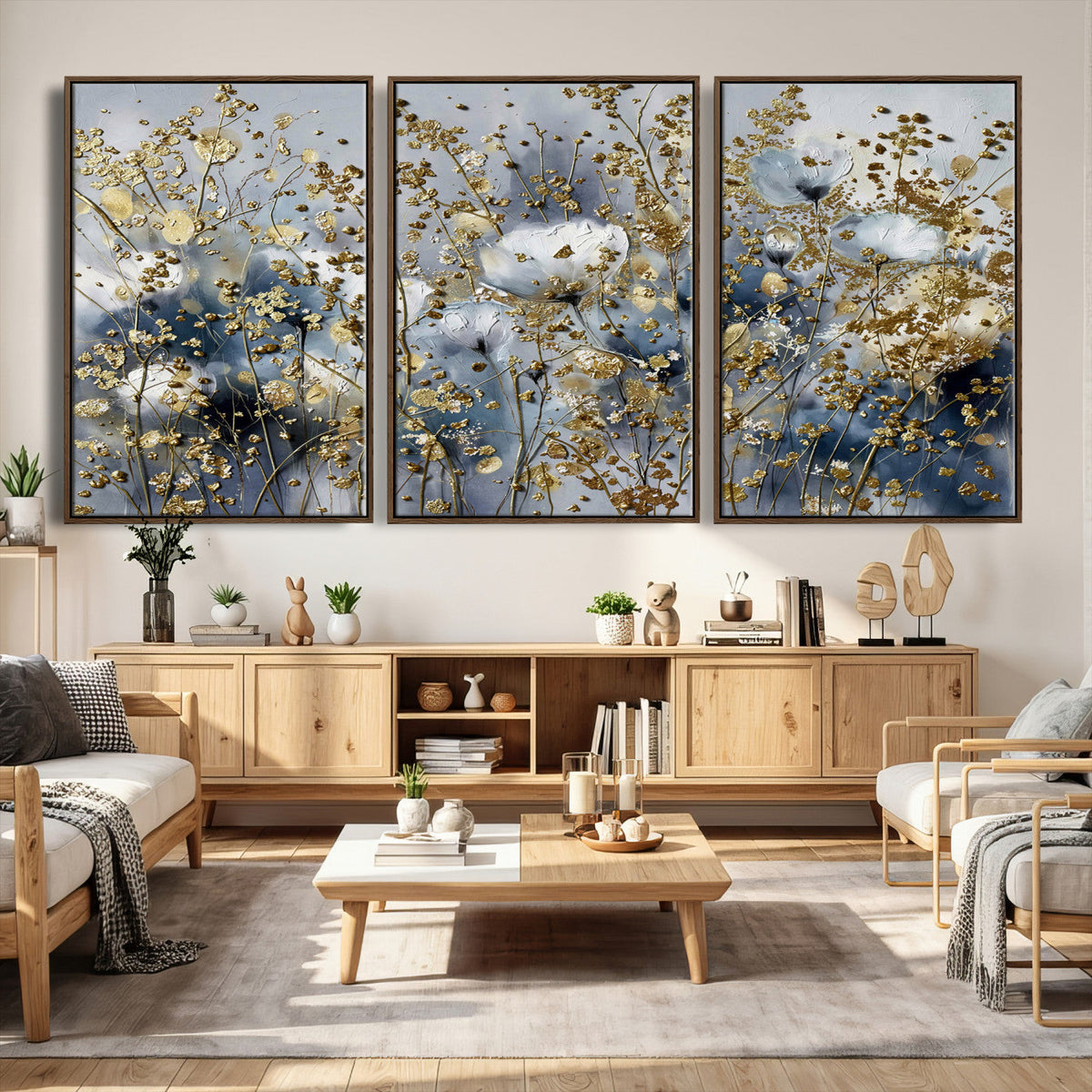 Abstract Floral Wall Art Canvas Print – Gold and Blue