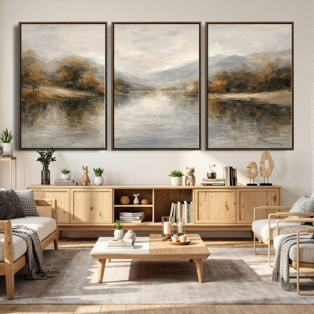 Neutral Abstract River Landscape Wall Art Canvas Print