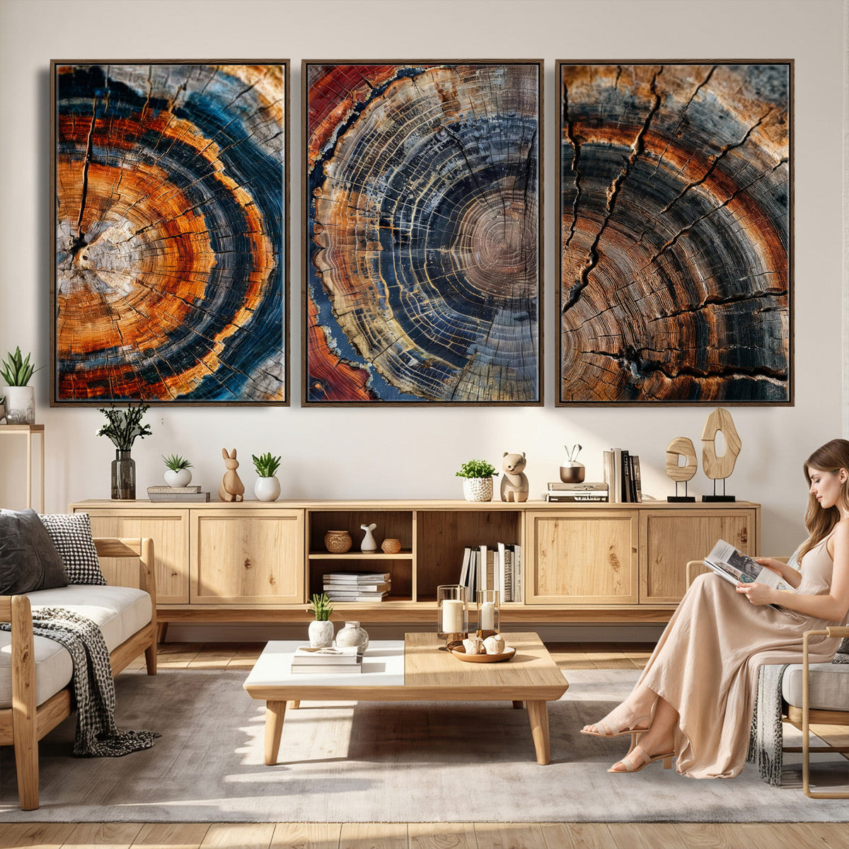 Tree Ring Triptych Canvas Wall Art — Set of 3 Wood Grain