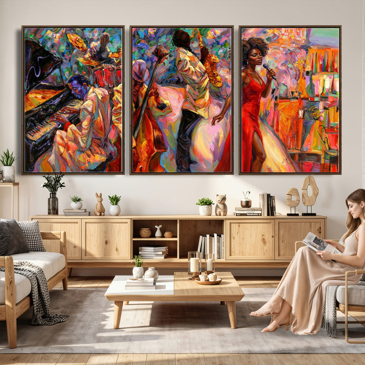 African American Jazz Singer Canvas Art — Red Dress Black