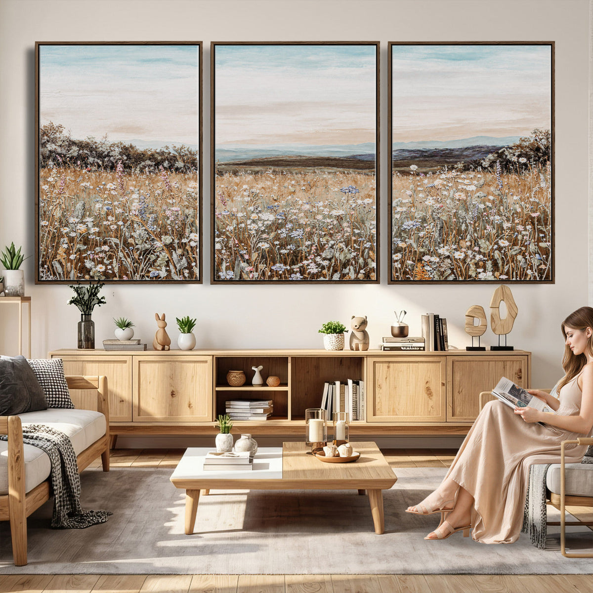 Neutral Wildflower Field Canvas Wall Art — Beige Earth Tone