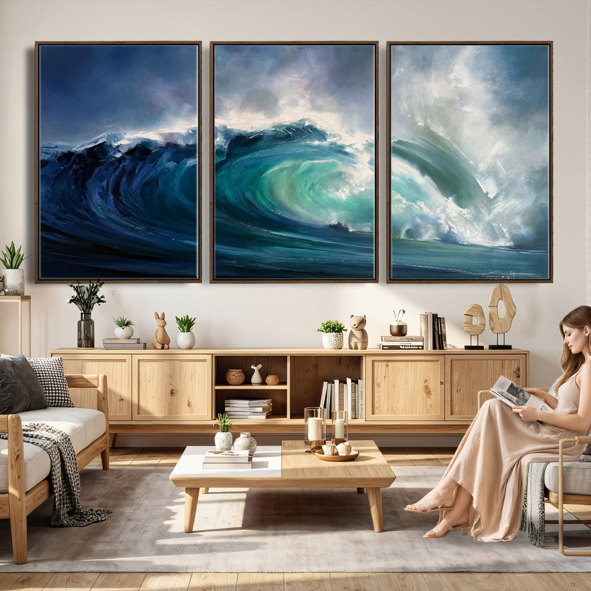 Ocean Wave Canvas Wall Art, Dramatic Teal Blue Seascape Oil