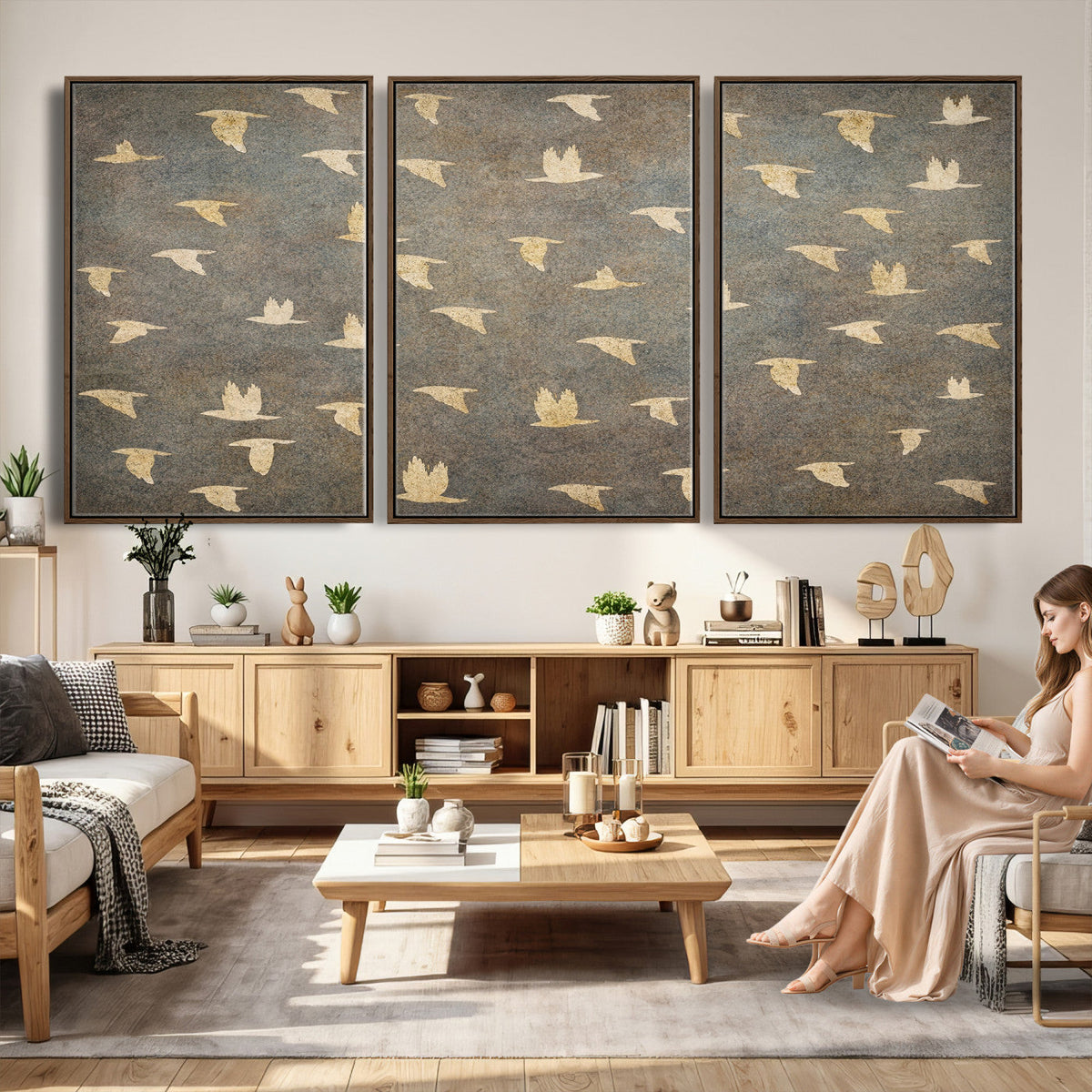 Flying Birds Canvas Wall Art, Vintage Bird Flock Pattern