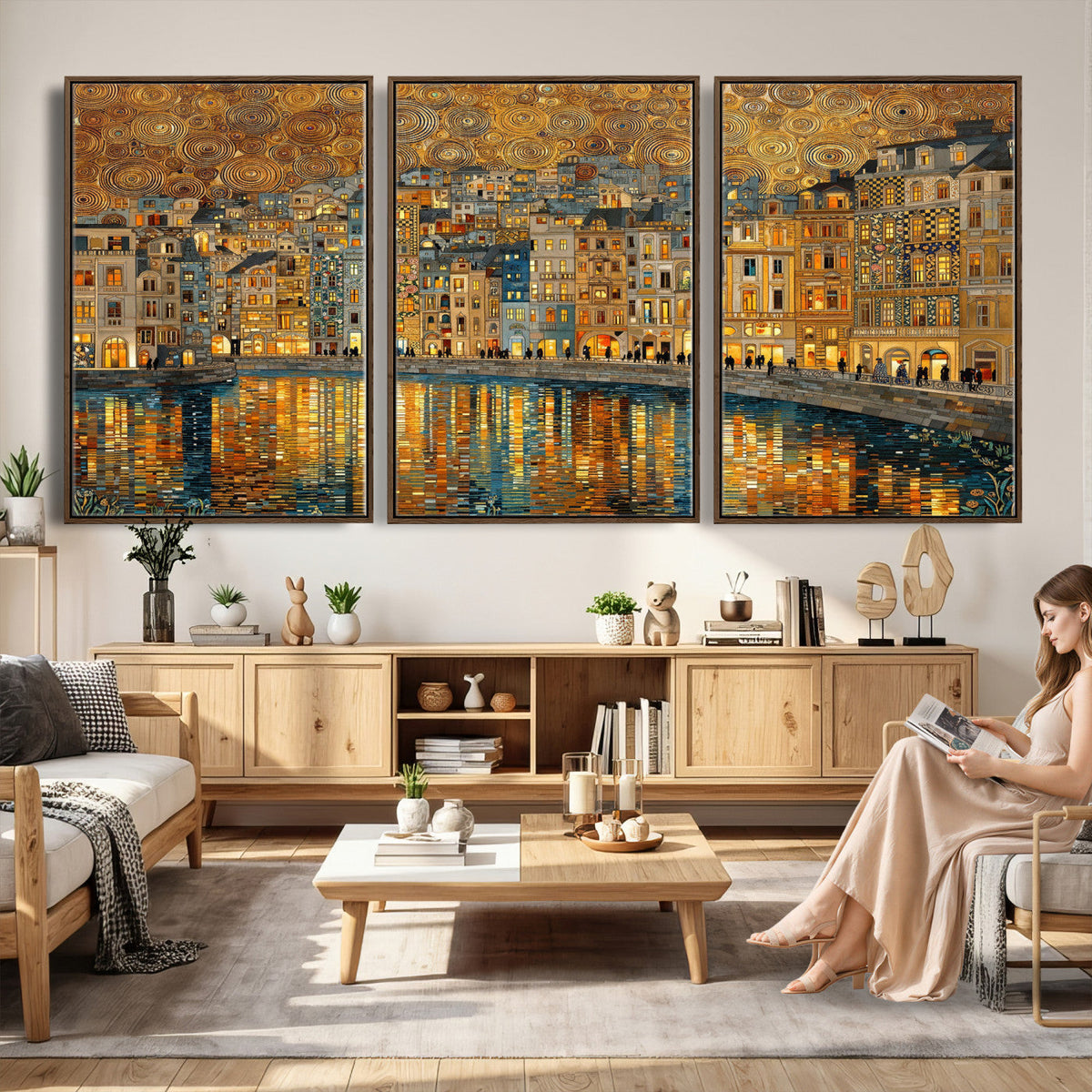 Gustav Klimt Golden Cityscape Wall Art Canvas Print, Framed