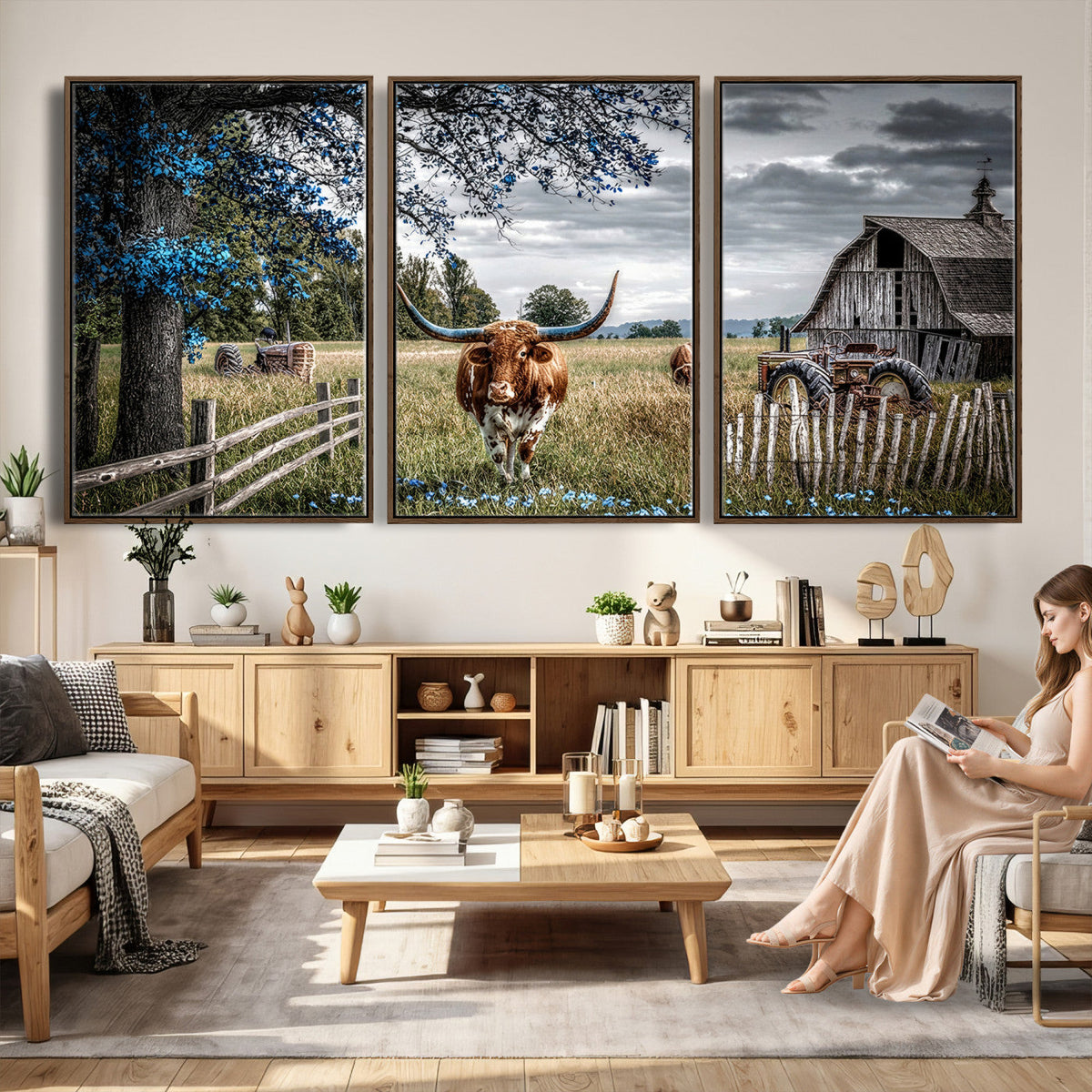Texas Longhorn Canvas Wall Art, Rustic Farm Barn Bluebonnet