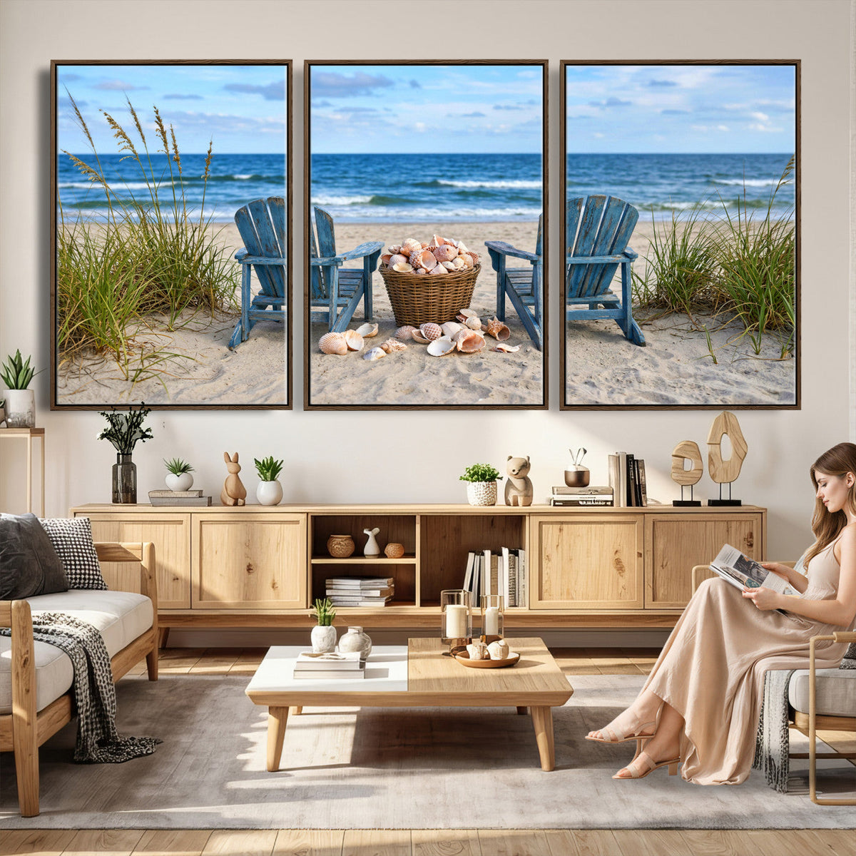 Large Beach Canvas Wall Art Coastal Adirondack Chairs Ocean