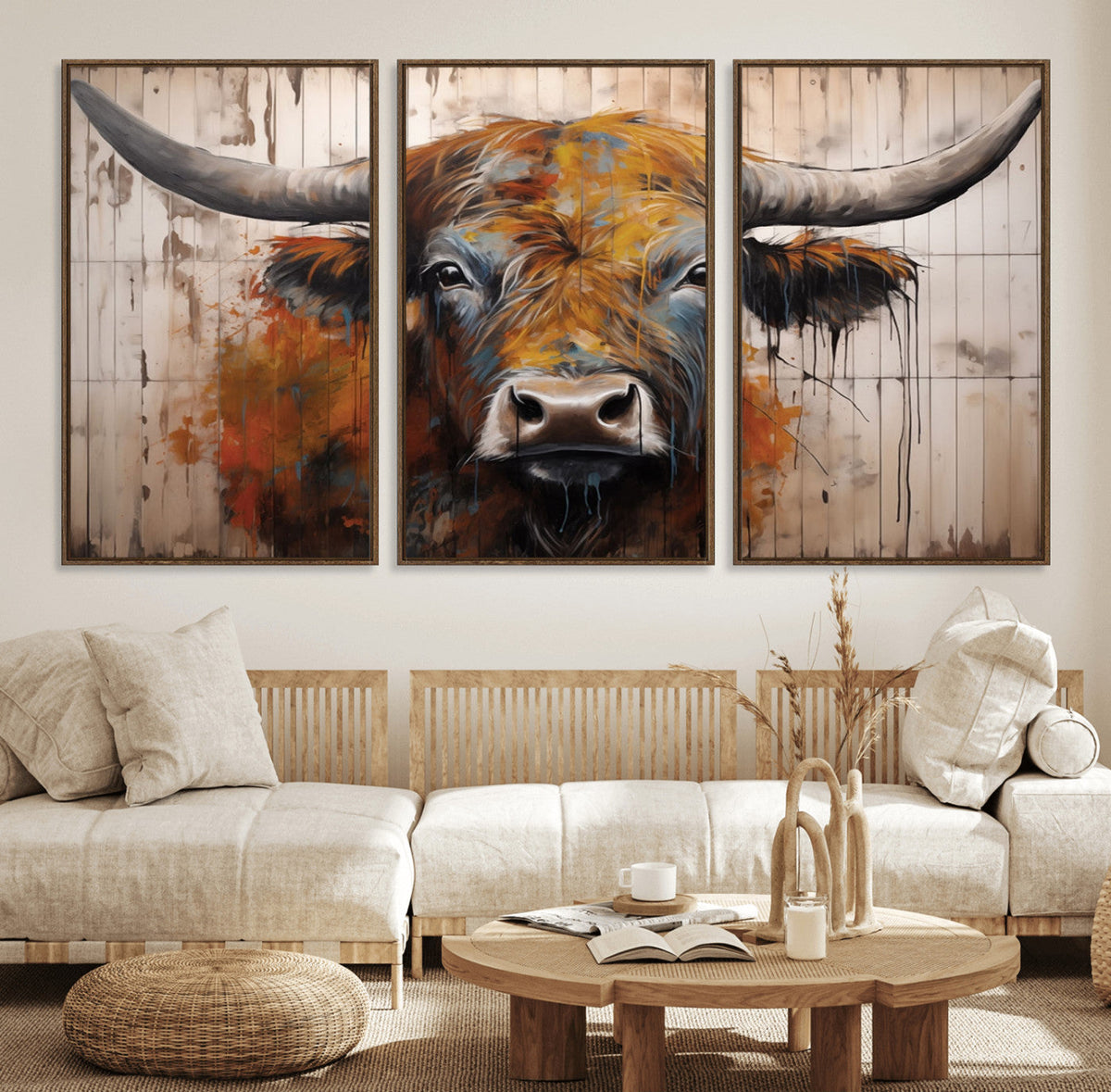 Abstract Bull Highland Cow Canvas Wall Art Print – Vibrant
