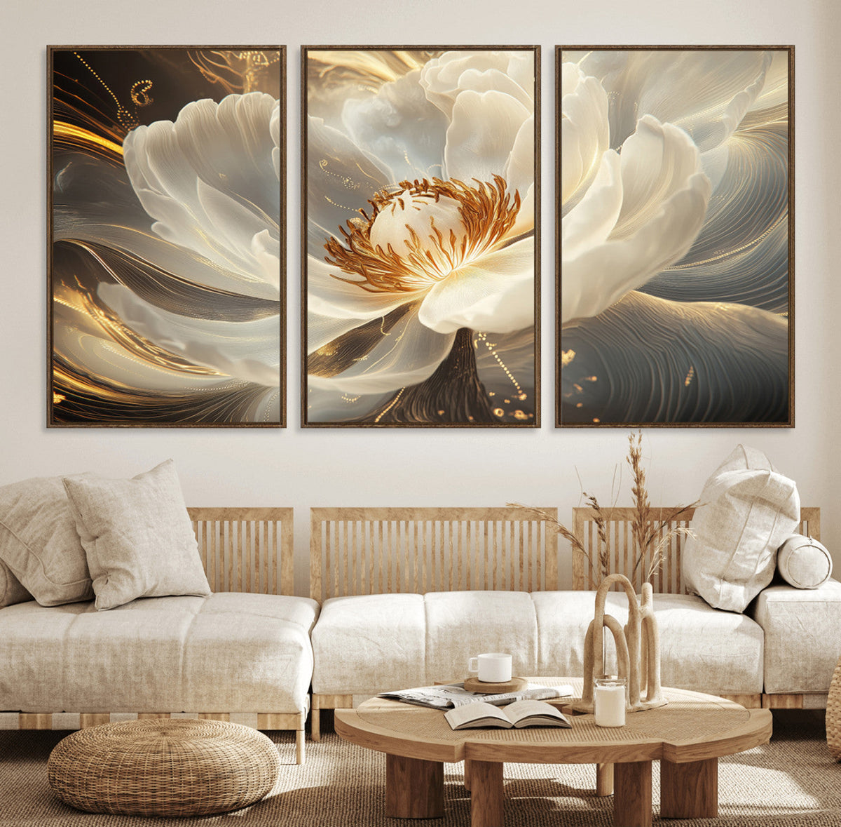 Gold Floral Wall Art Canvas Print, Framed Modern Flower Art