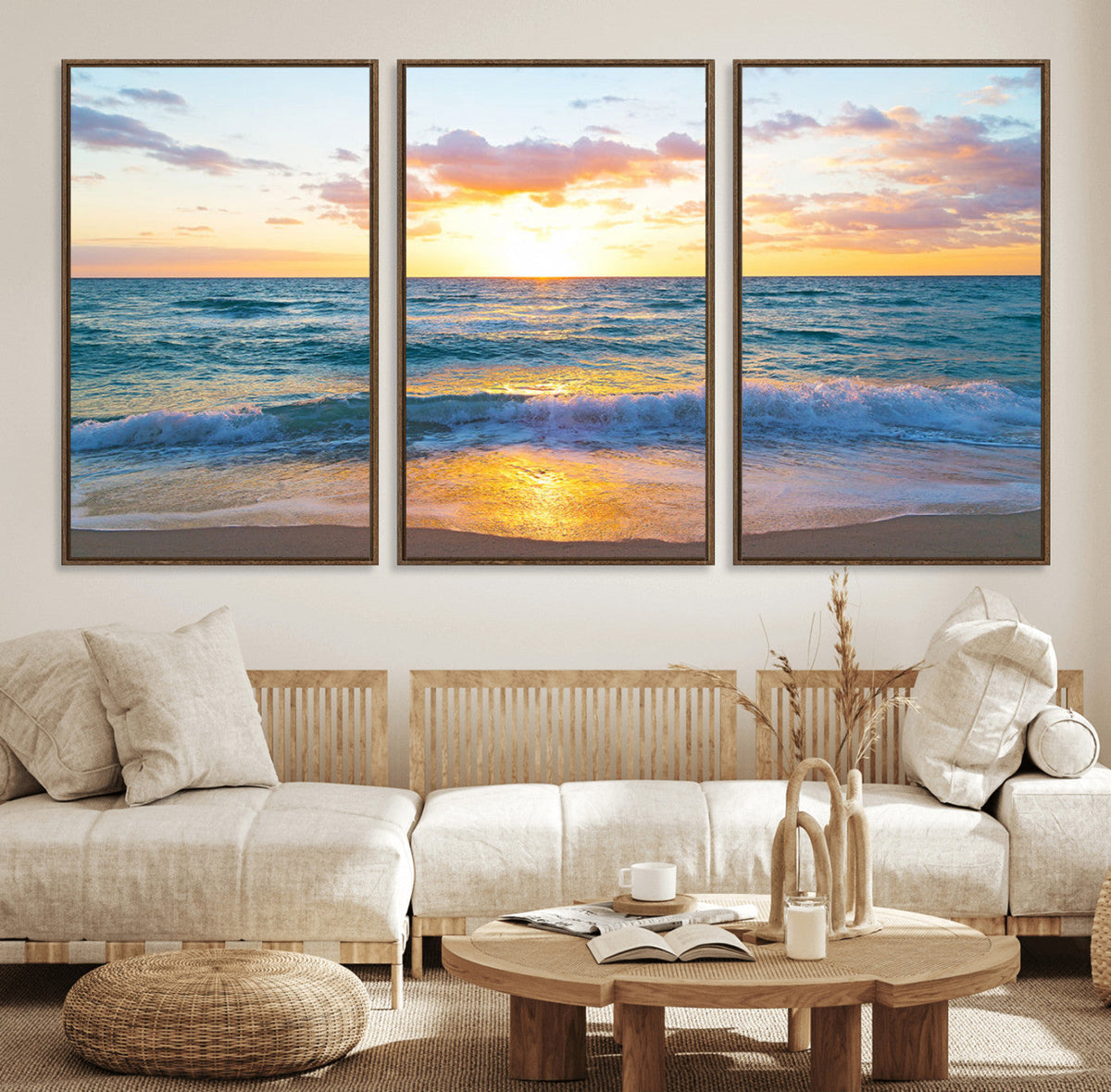 Golden Sunset Over Ocean Waves - Serene Coastal Triptych