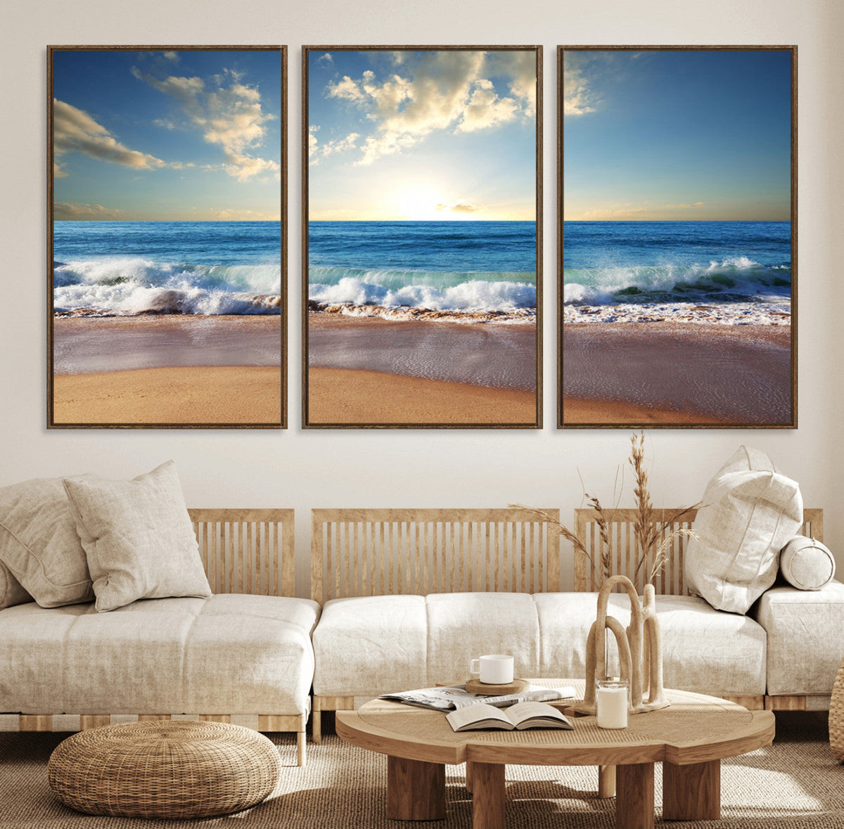 Serene Ocean Sunset Canvas Wall Art - Beach Waves at Sunset,