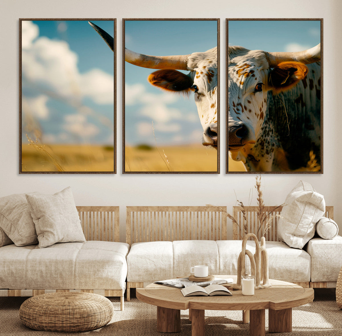 Longhorn in the Prairie - Stunning Ranch-Style Triptych Wall