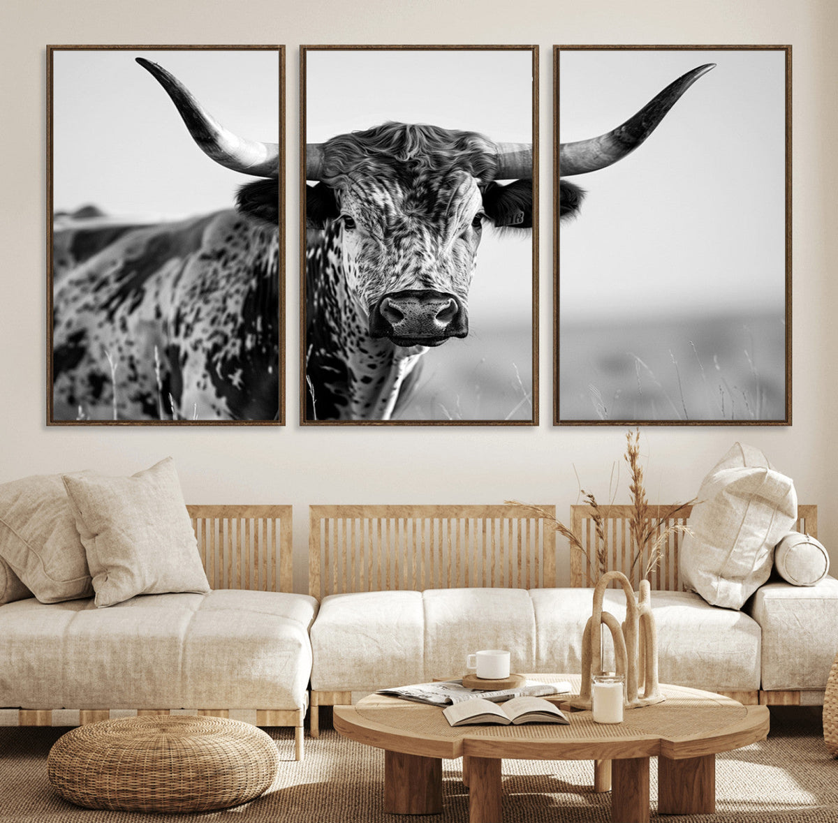 Texas Highland Cow Longhorn Canvas Print - Rustic Farmhouse