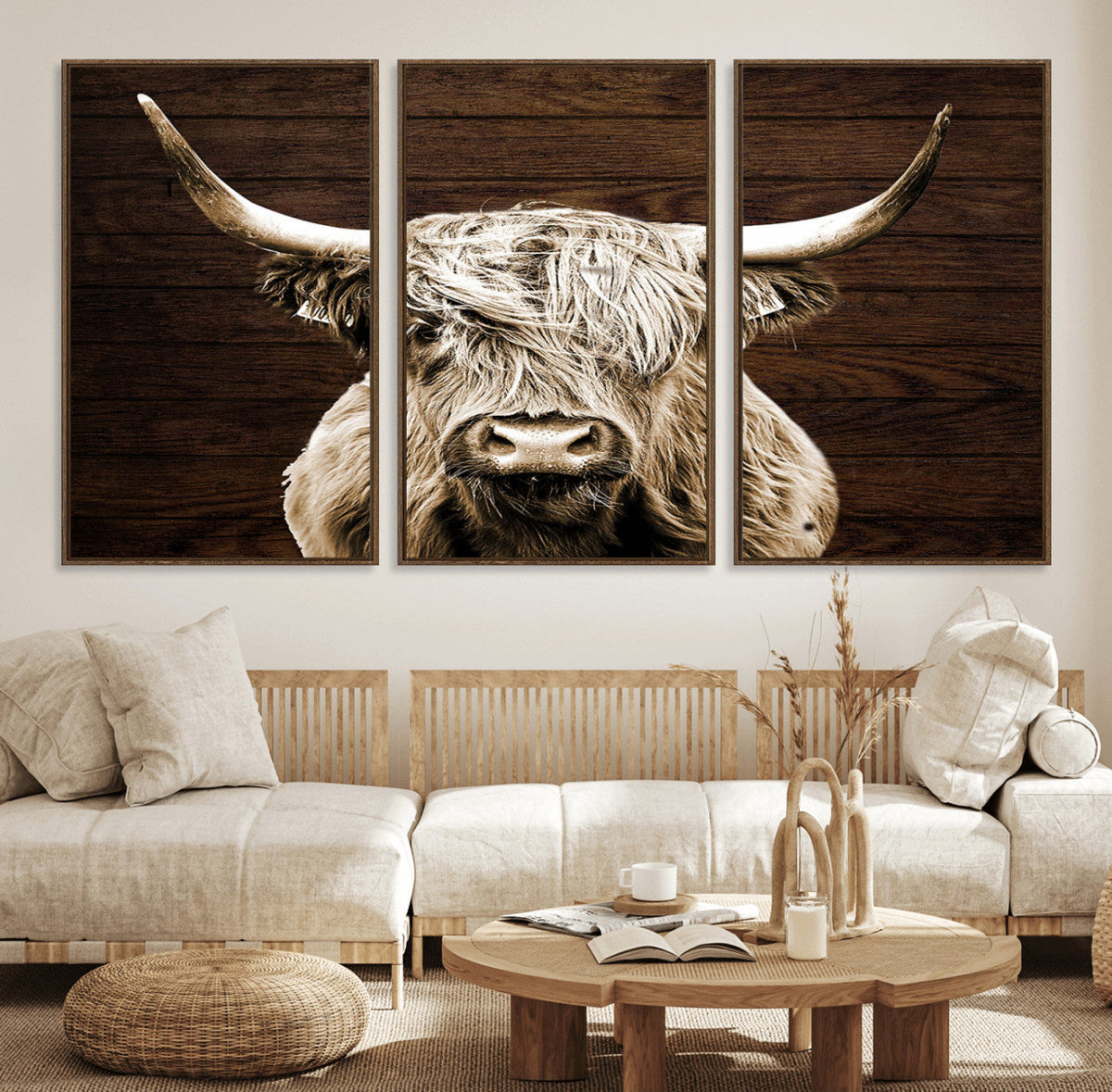 Highland Cow Wall Art Canvas Print, Rustic Farmhouse Decor,