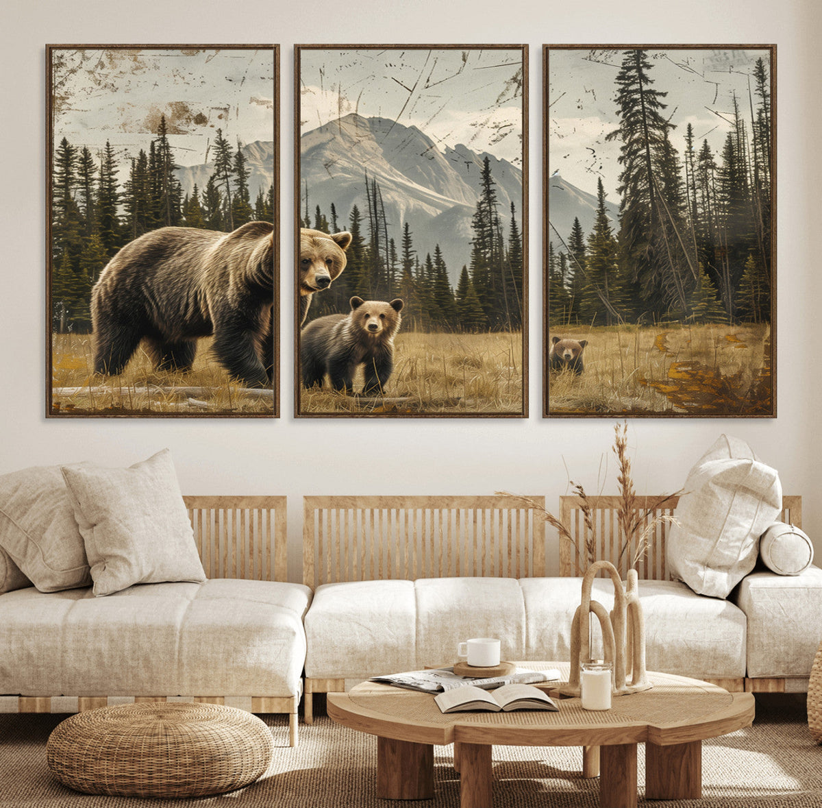 Rustic Grizzly 399 Bear Family Wall Art Canvas Print
