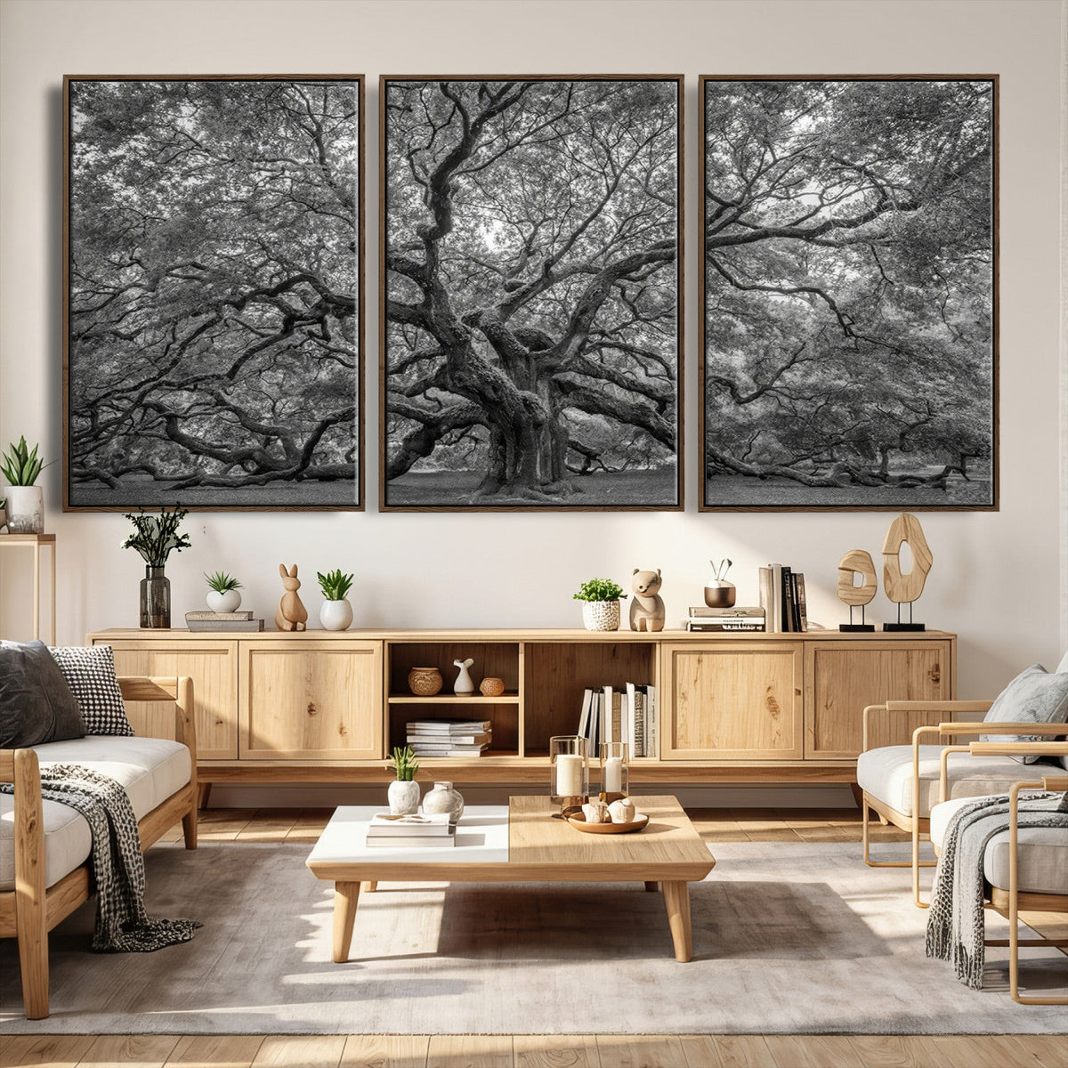 Majestic Angel Oak Tree Black and White Canvas Print – Multi