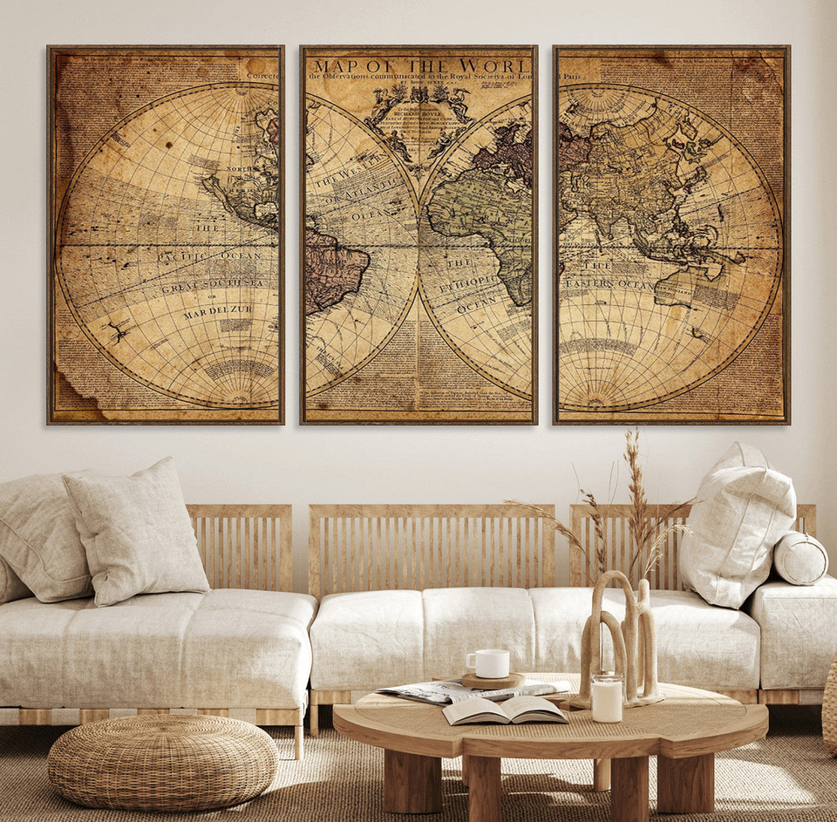 Vintage World Map Wall Art Canvas – Antique Style Push Pin