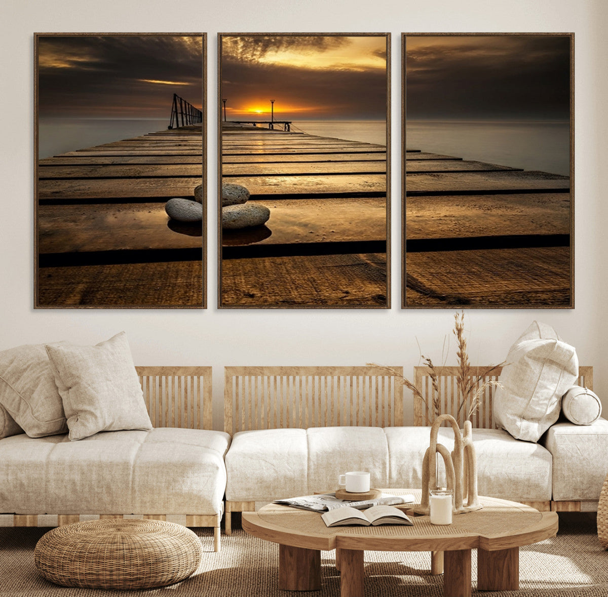 Stones on Wooden Pier at Sunset Canvas Print, Serene Coastal