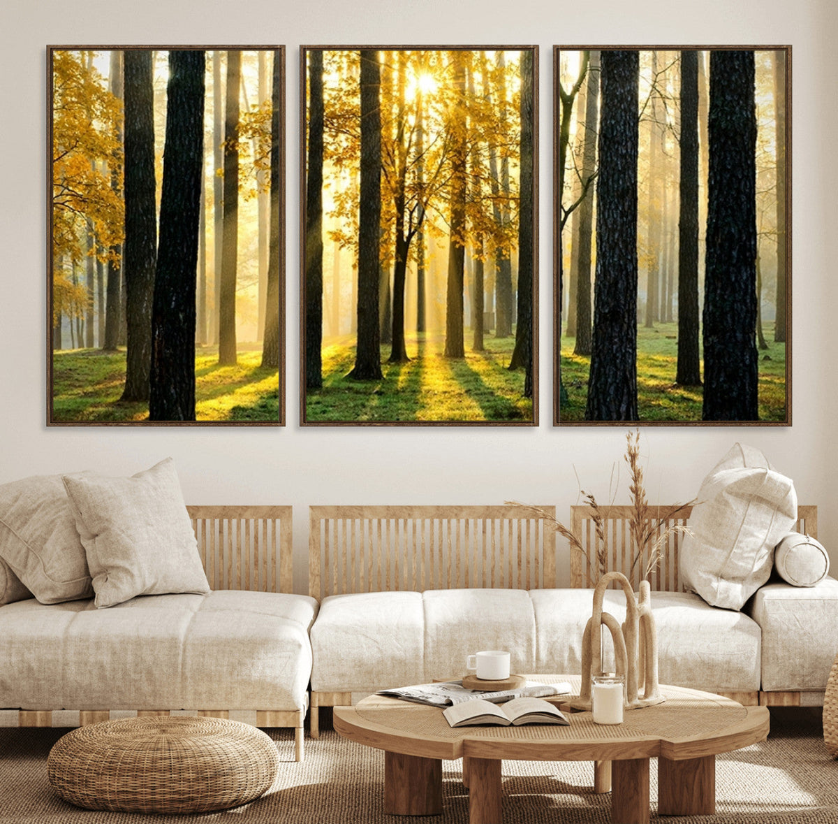 Sunlit Forest Wall Art Canvas Print – Large Framed Woodland