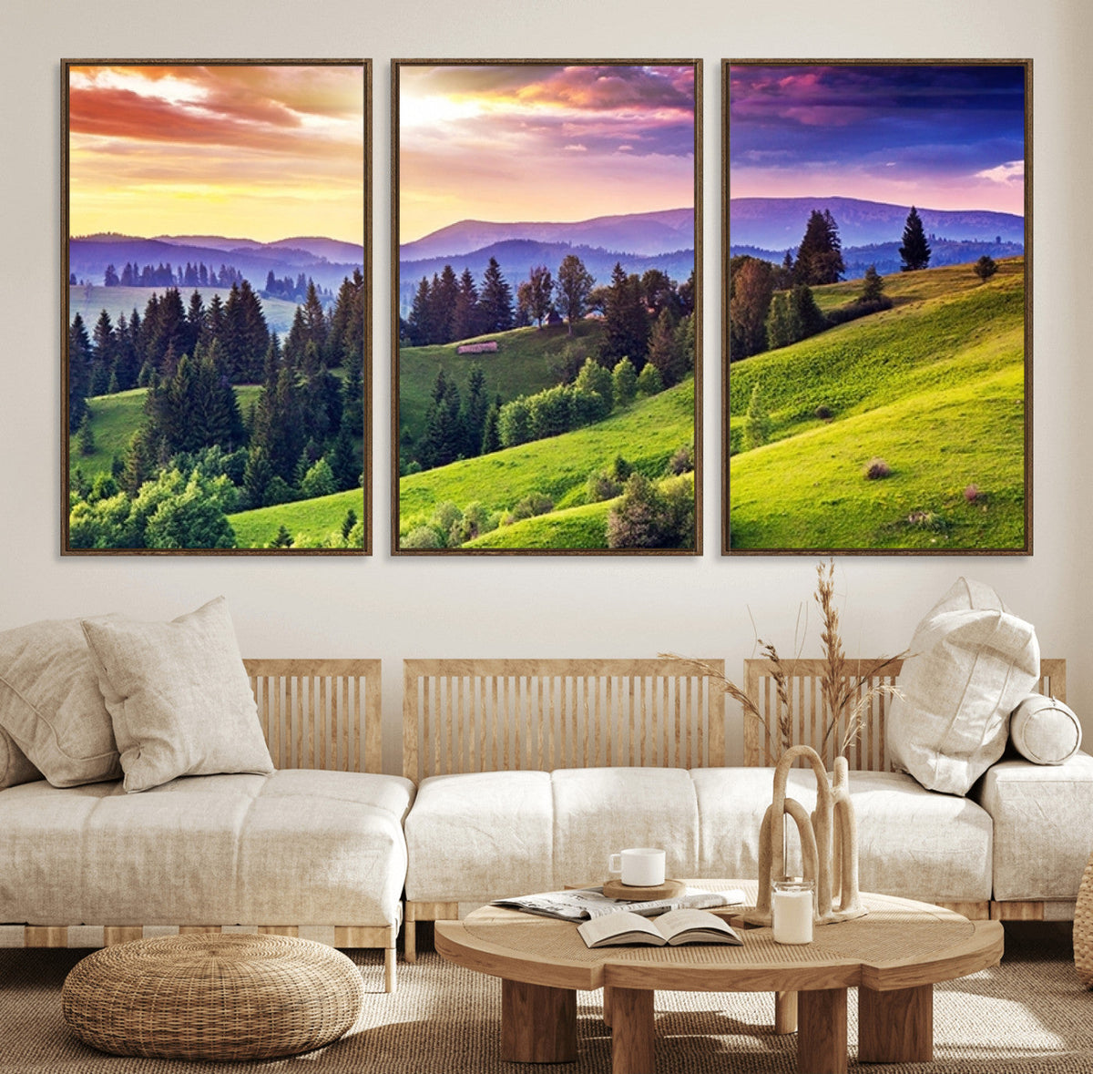 Green Hills and Sunset Wall Art Print - Scenic Landscape