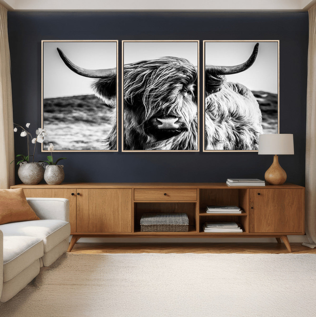 Black and White Scottish Cow Canvas Wall Art Highland Cattle