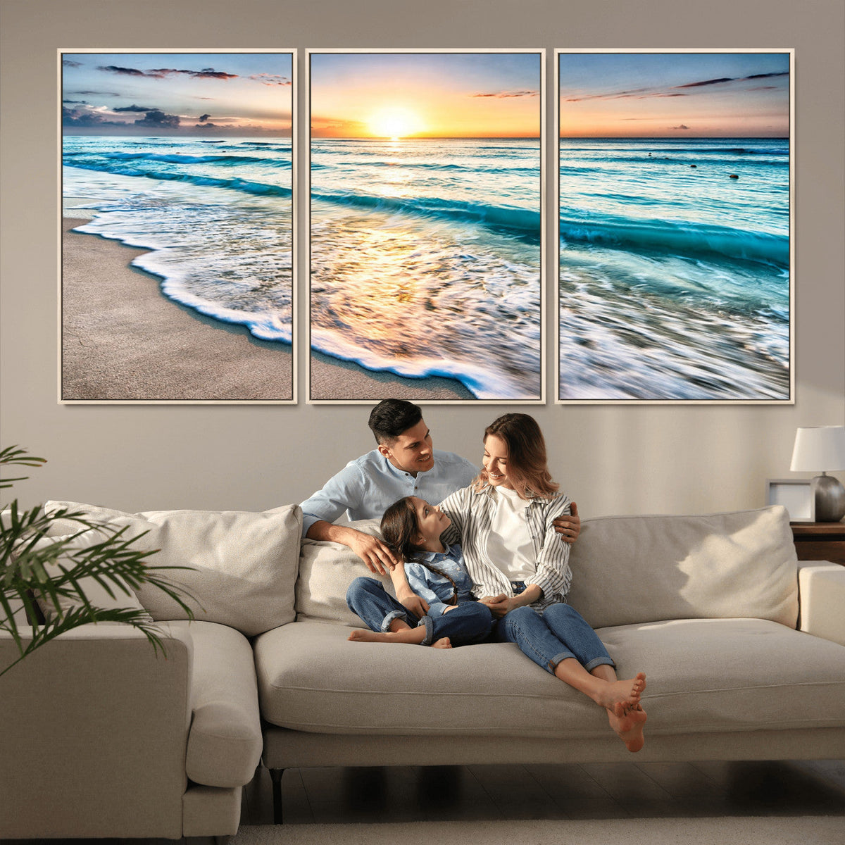 Sunset Beach Waves Canvas Wall Art – 5-Panel Ocean Sunset