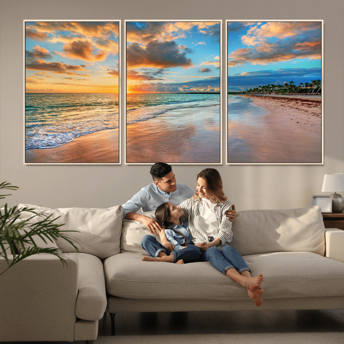 Sunset Ocean Waves on Tropical Beach, 3-Panel Giclee Canvas