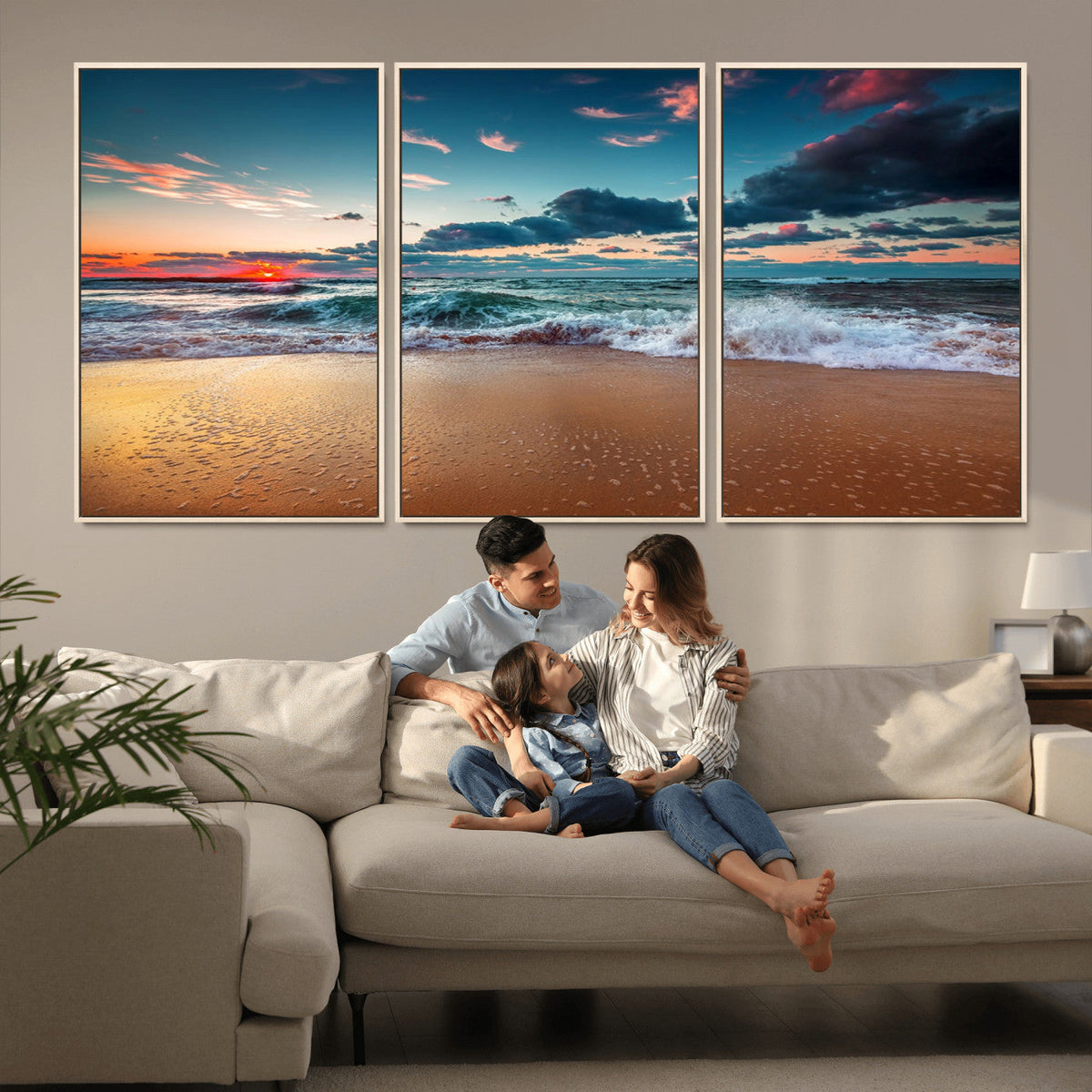 Sunset on Beach Wall Art Ocean Beach Canvas Print