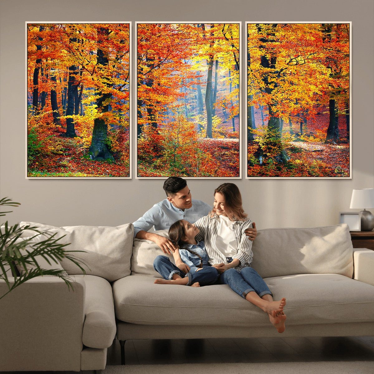 Autumn Red Forest Triptych Canvas Wall Art Print, Forest