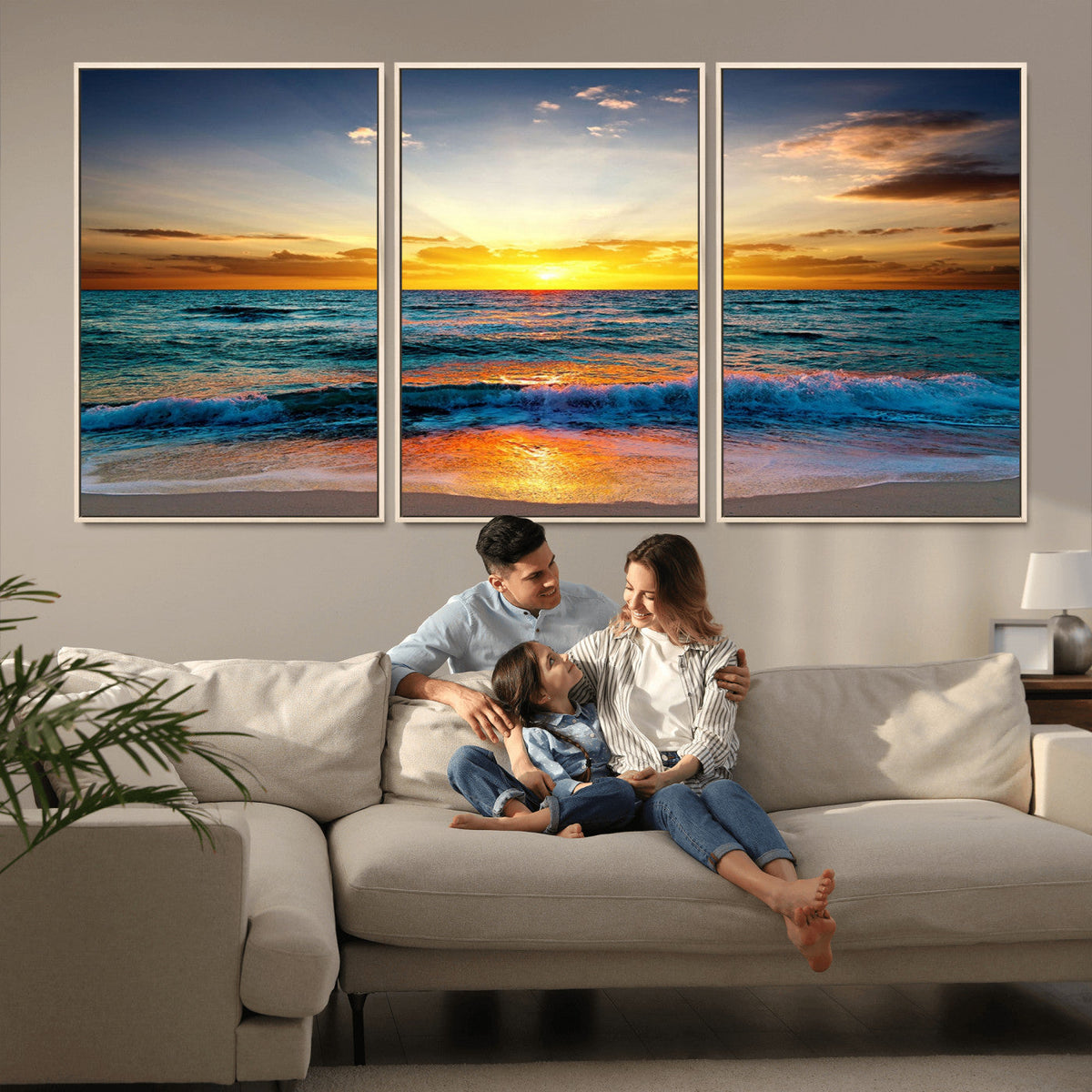 Vibrant Ocean Sunrise Over Golden Beach Waves, Giclee Canvas