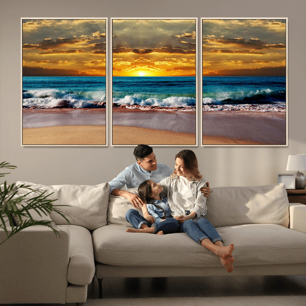 Ocean Sunrise Over Golden Beach Waves, Giclee Canvas Wall