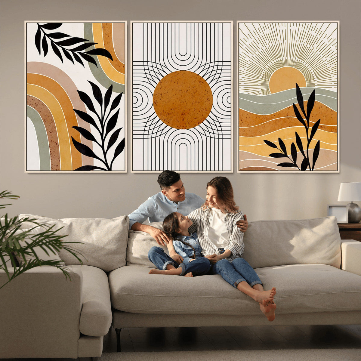 Modern Boho Sun and Leaf Abstract Art – 3-Panel Giclée