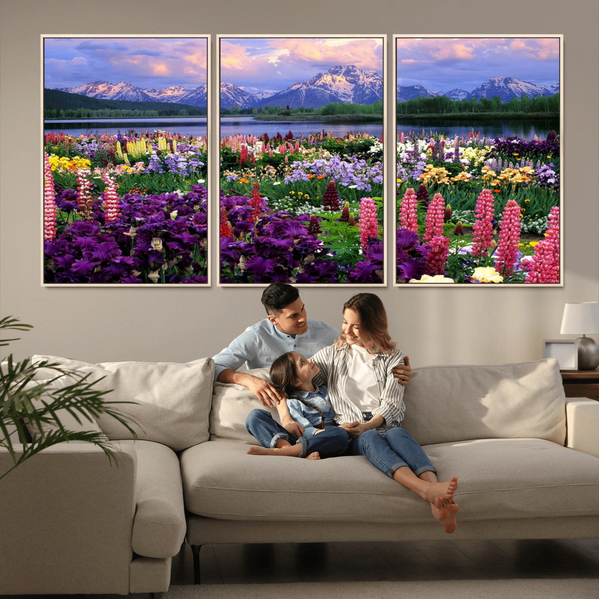 Vibrant Wildflower Garden and Mountain View Giclee Canvas