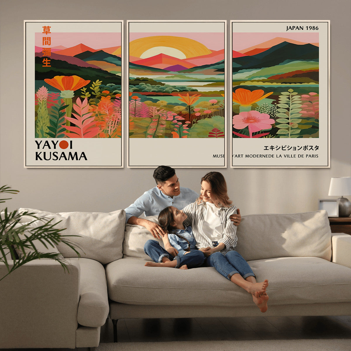 Framed Yayoi Kusama Print, Vibrant Floral Mountain Art