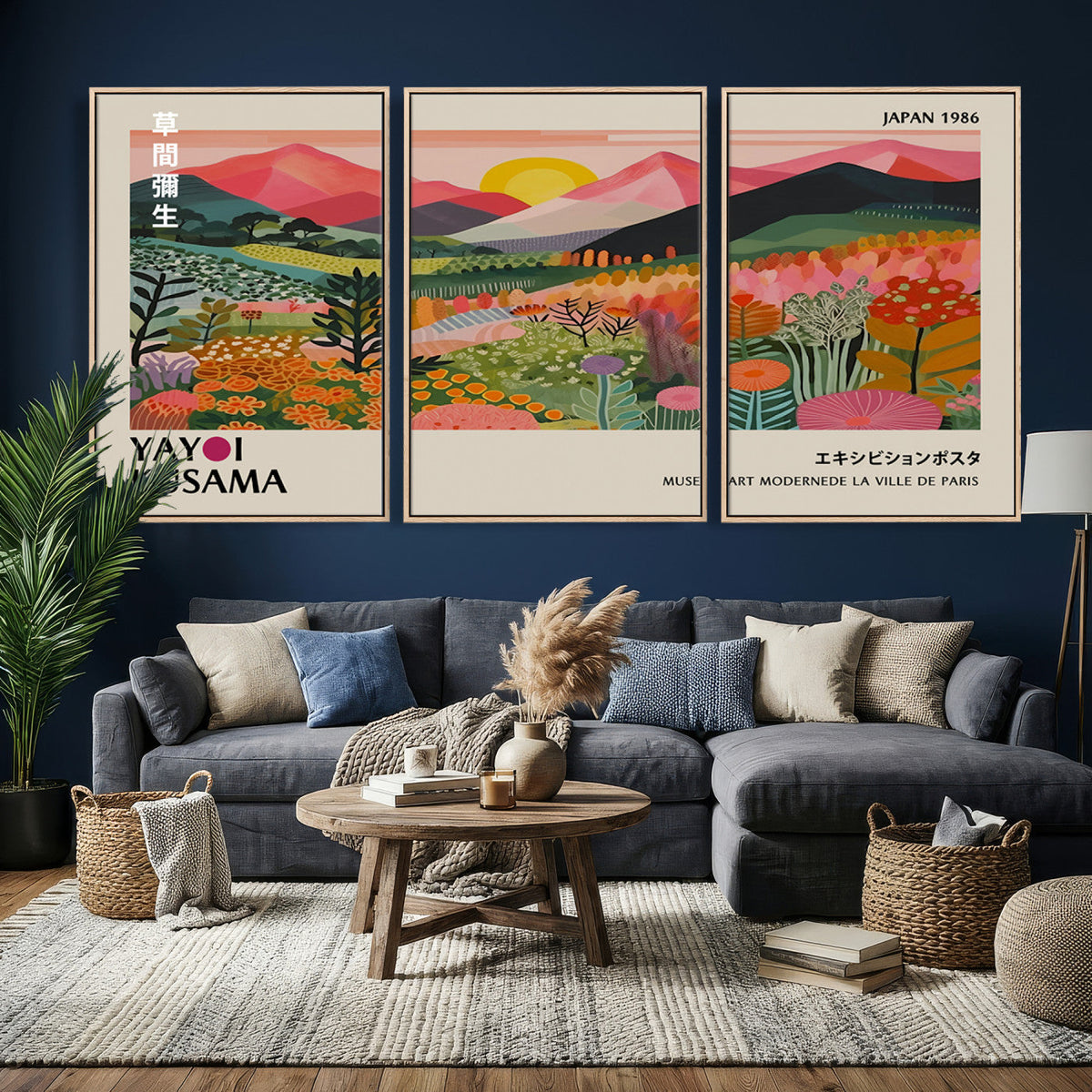Yayoi Kusama Landscape Canvas Print, Vibrant Floral Mountain Art Print, Framed Botanical Wall Art -