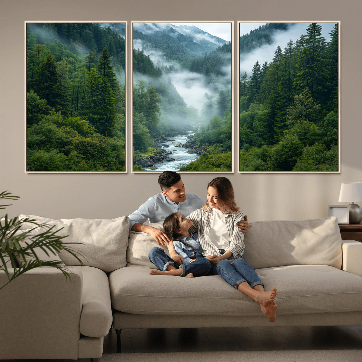Mountain Forest River Canvas Wall Art Print - Serene Nature