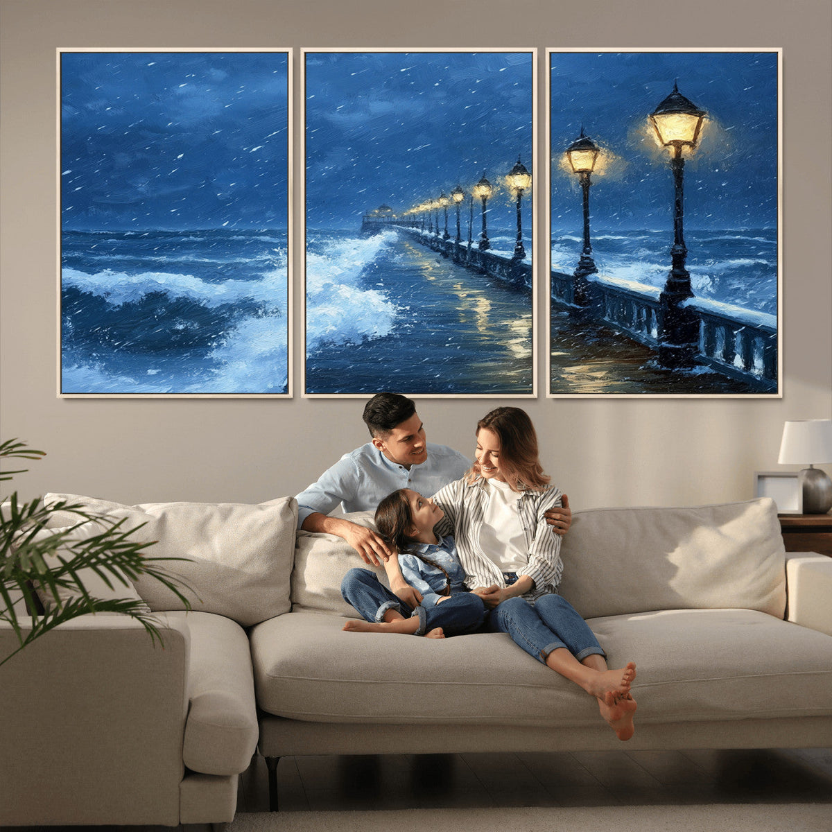 Stormy Ocean Pier Lights Canvas Wall Art Print - Large Moody