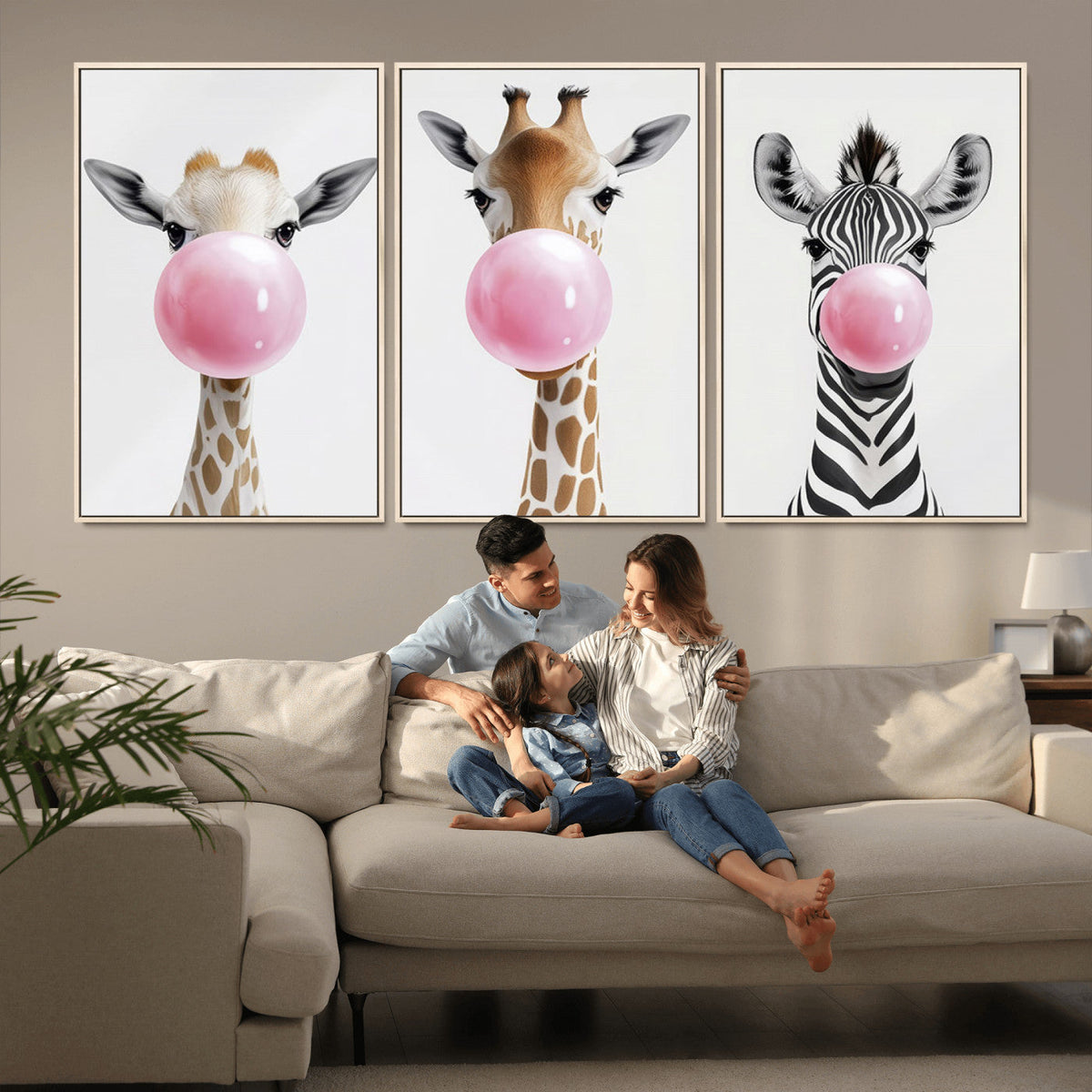Bubblegum Animals Canvas Wall Art - Playful Giraffe and