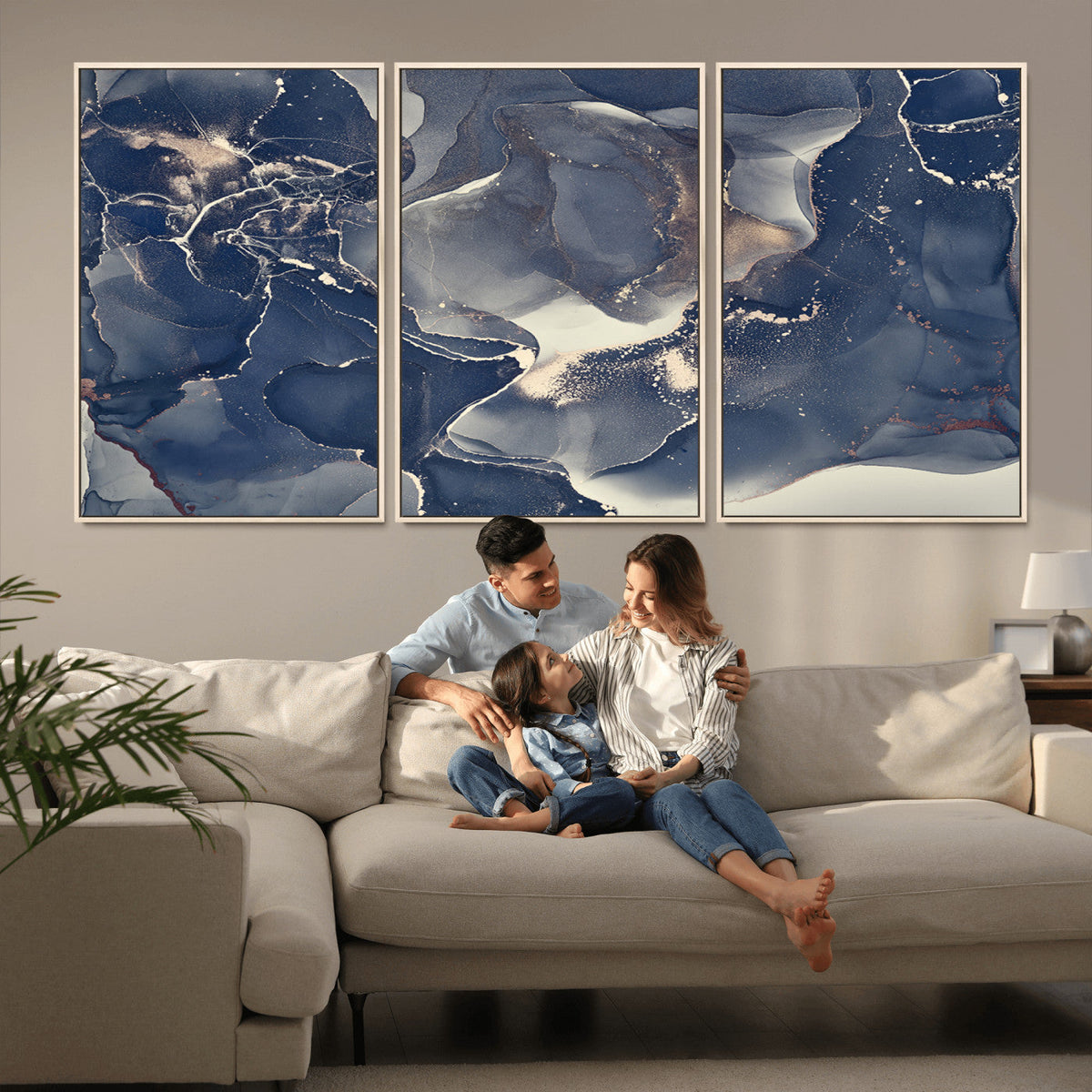 Large Abstract Blue and Gold Canvas Wall Art Fluid Ink