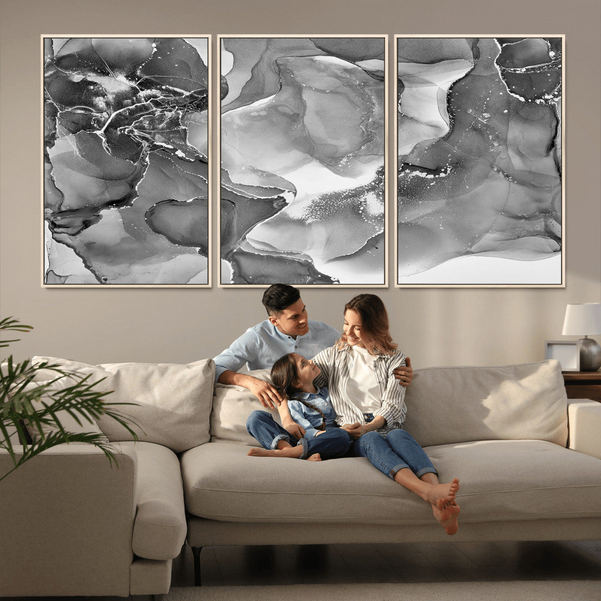 Black White Abstract Canvas Wall Art - Fluid Ink Artwork -