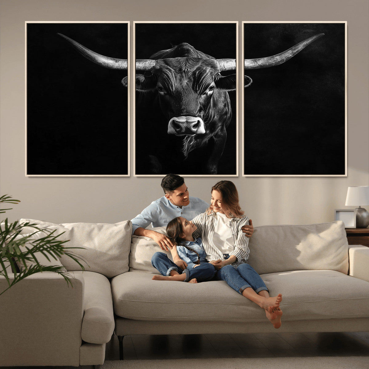 Texas Longhorn Wall Art Canvas Print – Framed Monochrome