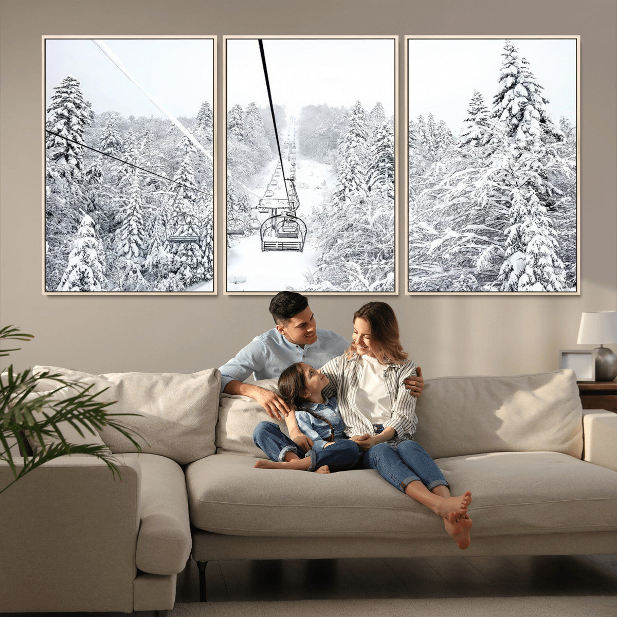 Snowy Ski Lift Wall Art – Framed Winter Mountain Canvas