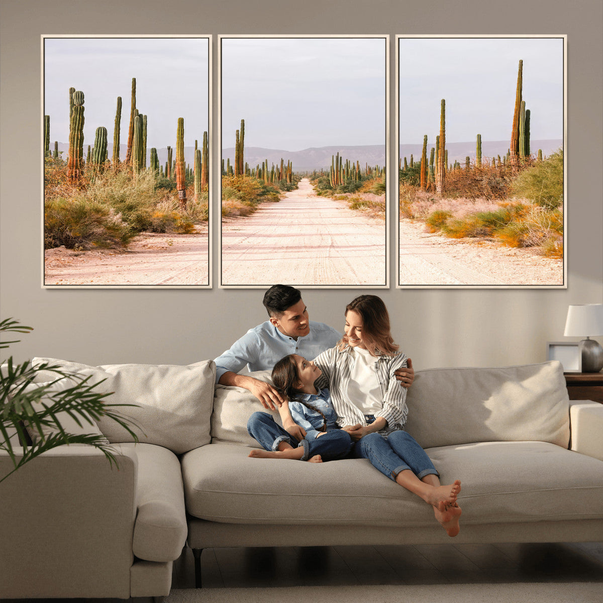 Desert Cactus Lined Road Wall Art Canvas Print – Framed