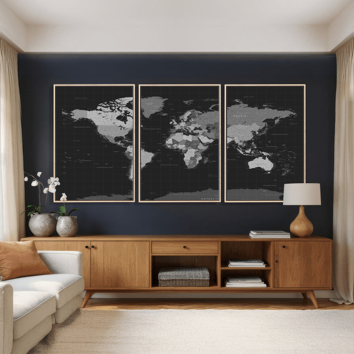 Black World Map Wall Art Canvas Print – Detailed Map of the